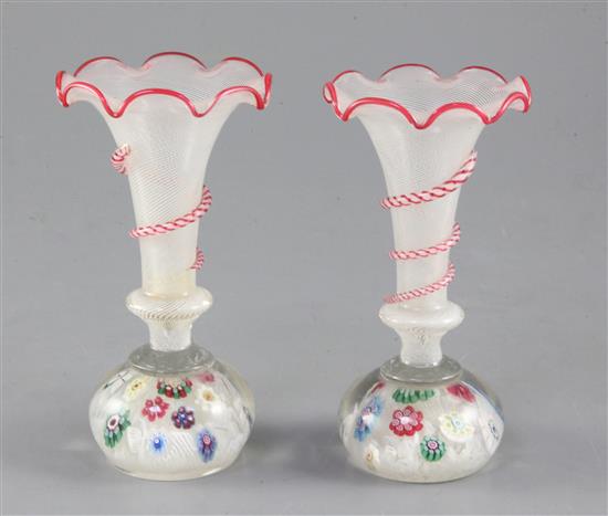 A pair of French millefleur glass paperweight pen holders / vases, possibly 19th century, height 14cm